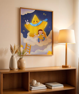 Enfant fantaisiste assis sur un nuage avec une étoile et un lapin dans le ciel nocturne