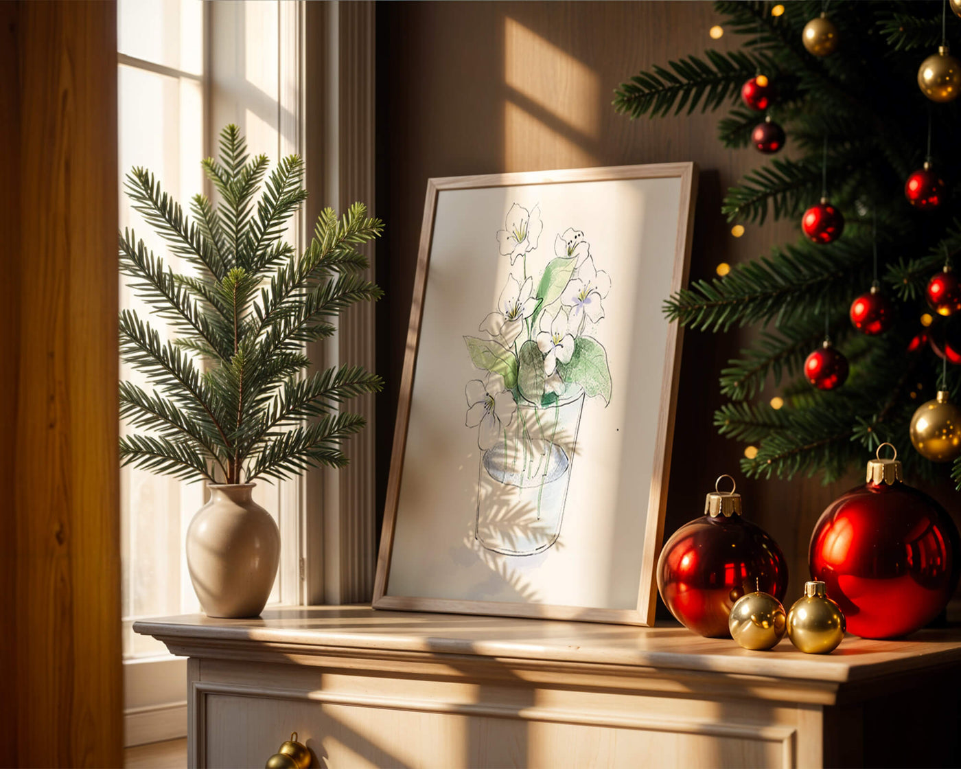 Delicate white flowers in a glass vase illustration