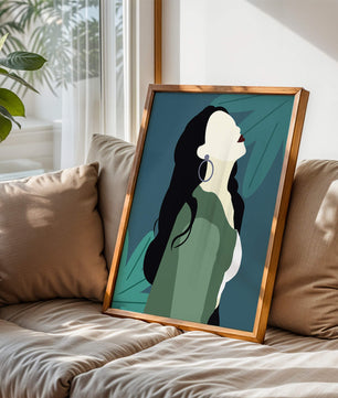 Stylized artwork of a woman with dark hair and earrings against a tropical leaf backdrop