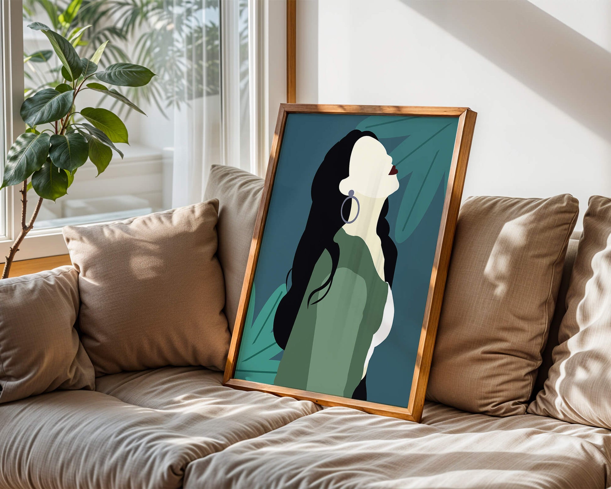 Stylized artwork of a woman with dark hair and earrings against a tropical leaf backdrop