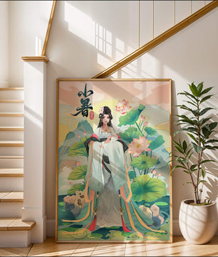 Elegant woman in traditional attire with lotus flowers and serene backdrop
