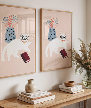 Illustration of playful cat with book and floral vase