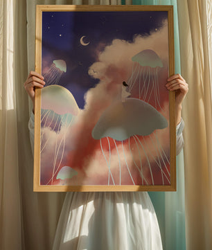 Dreamy Scene with Floating Jellyfish and Moonlit Sky