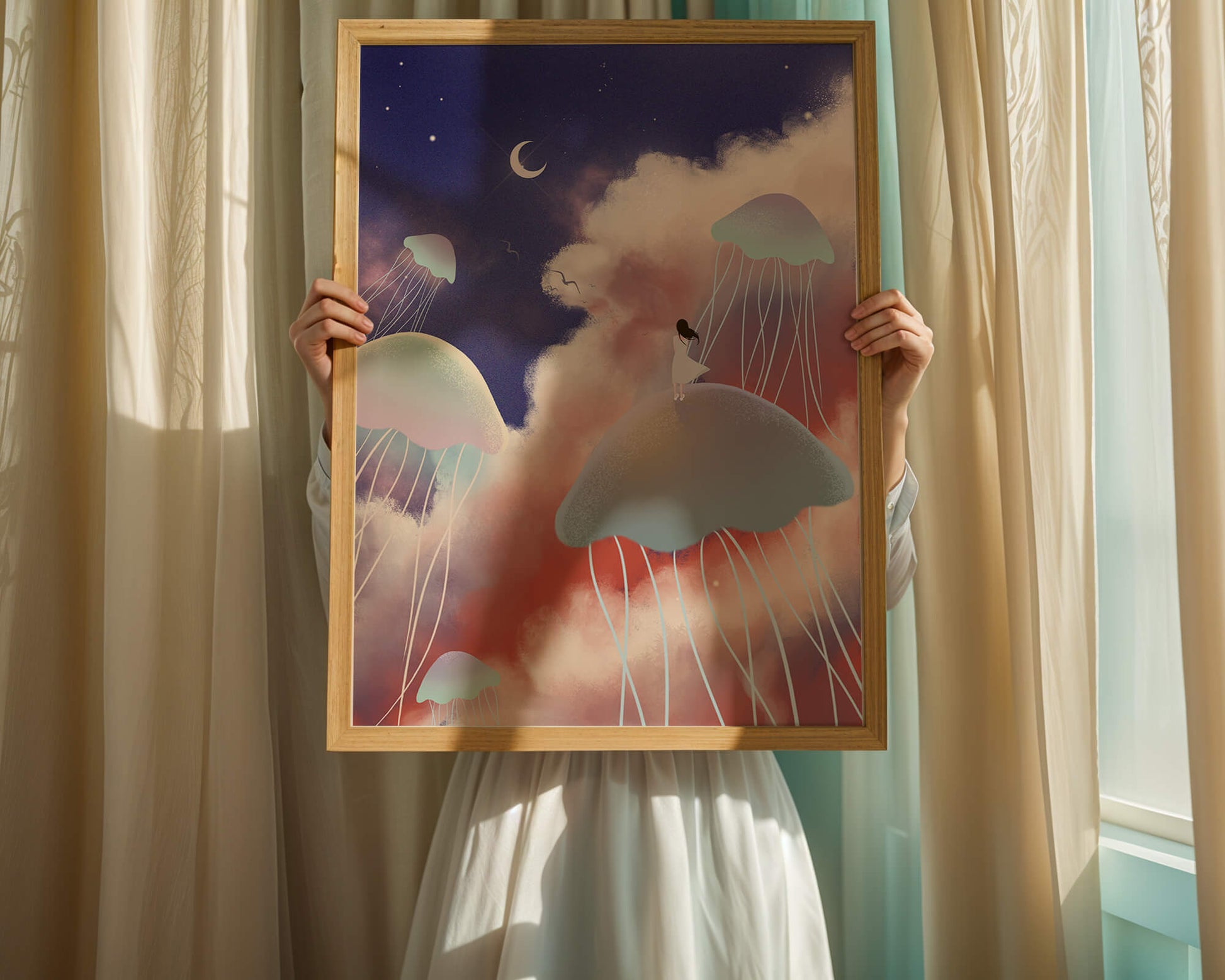 Dreamy Scene with Floating Jellyfish and Moonlit Sky
