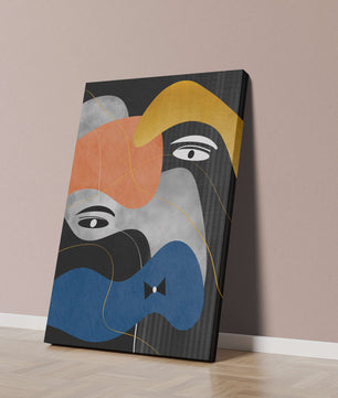 Abstract geometric art with bold colors and gold accents
