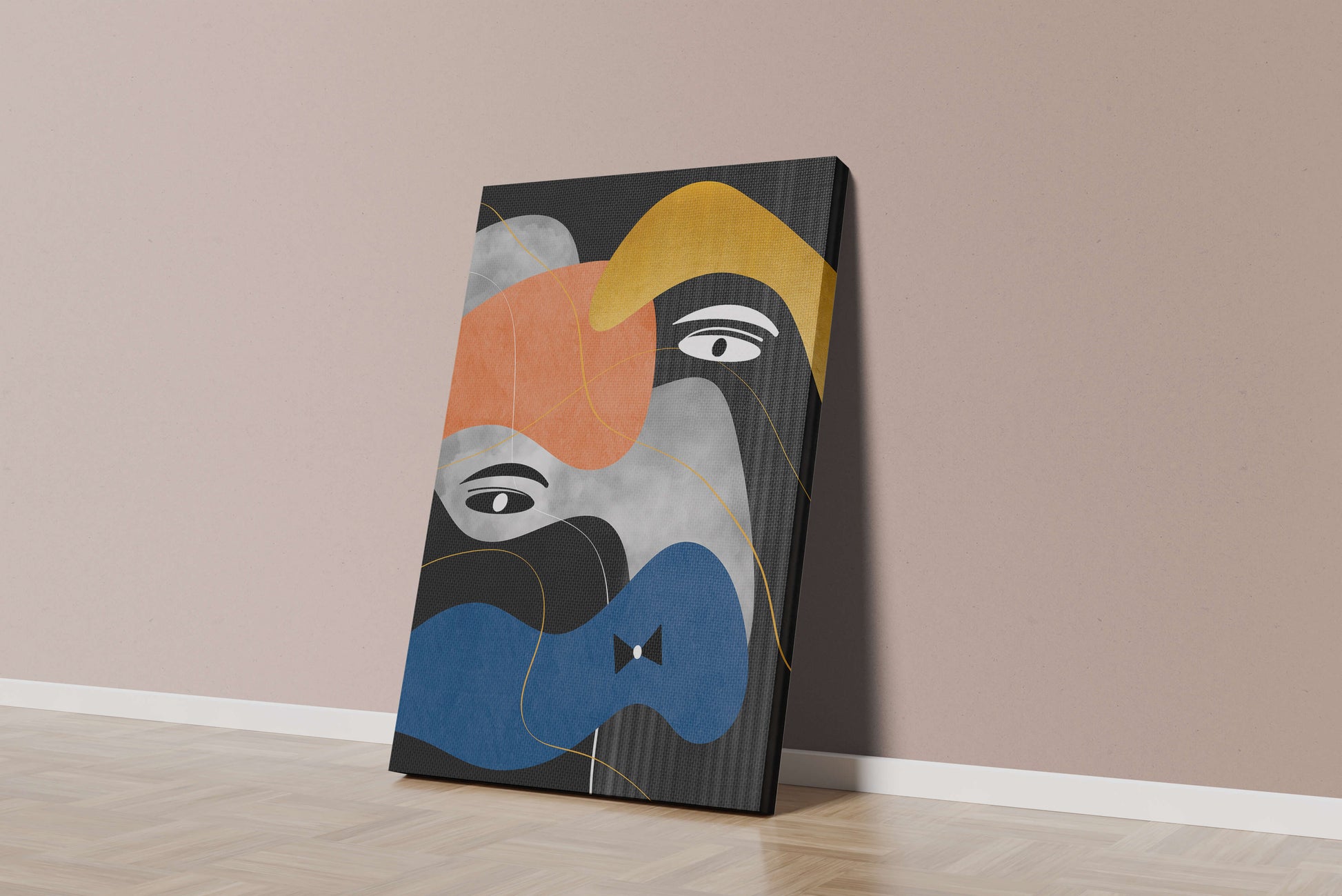 Abstract geometric art with bold colors and gold accents