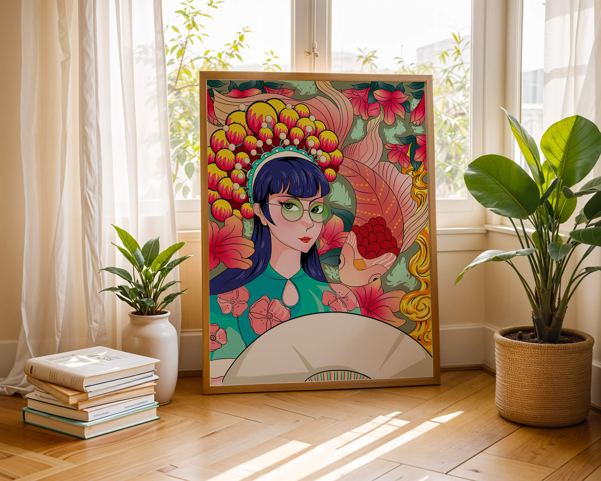 Colorful illustration of a woman with floral headdress and fish background
