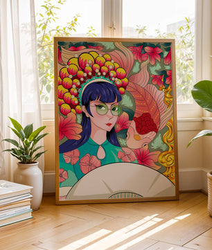 Illustration colorée d’une femme avec une coiffe florale et un fond de poissons