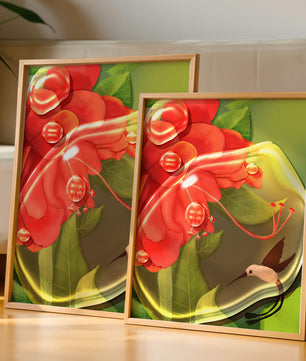 Vibrant floral illustration with hummingbird and lush greenery