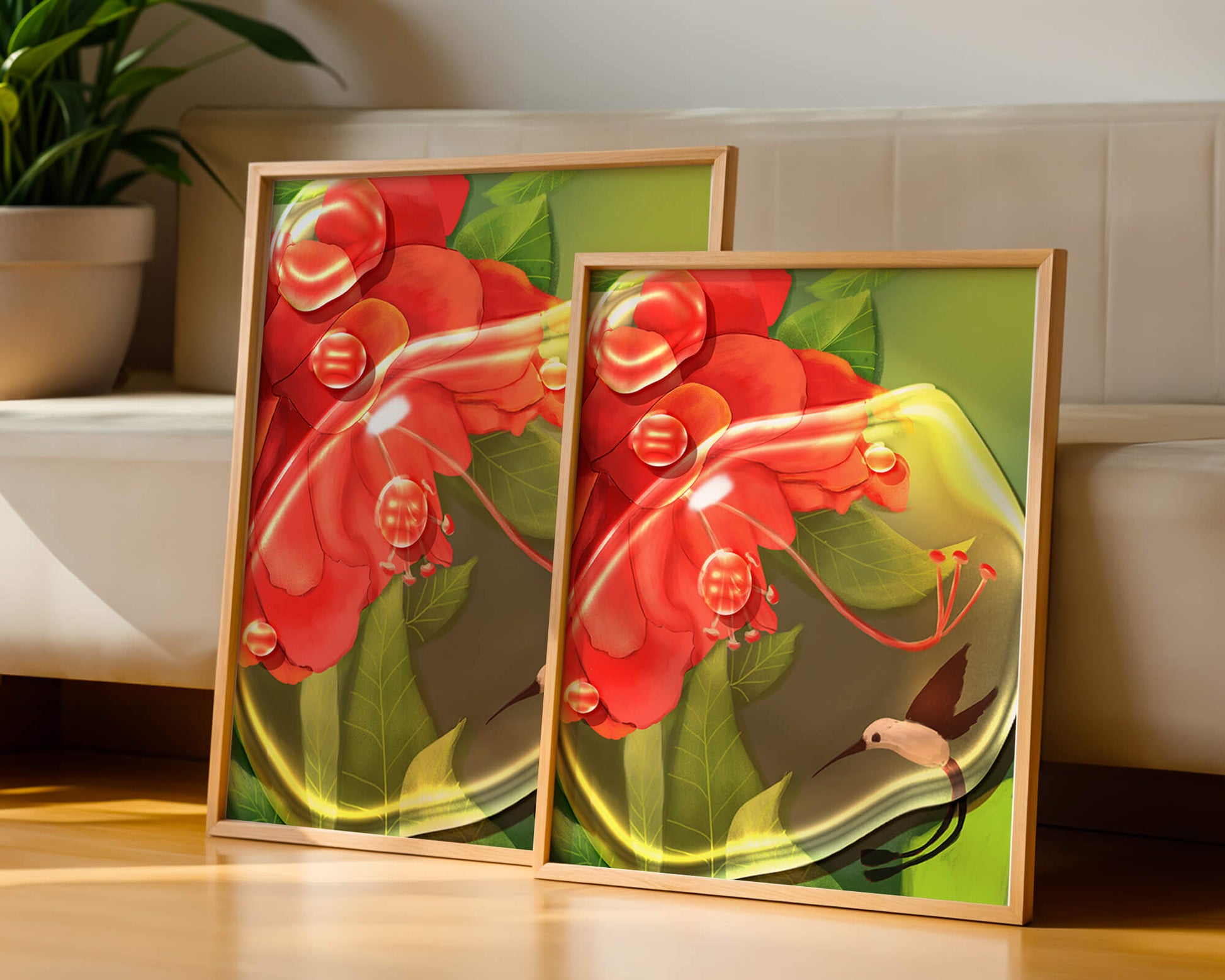 Vibrant floral illustration with hummingbird and lush greenery
