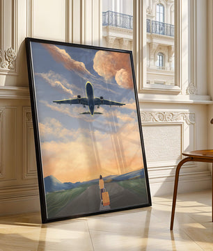 Serene airport departure with airplane and traveler at sunset
