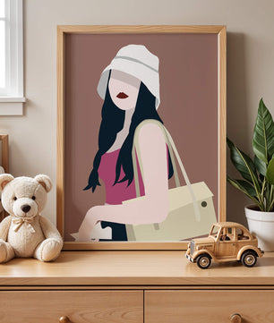 Ilustración elegante de una mujer con sombrero de cubo y ropa casual