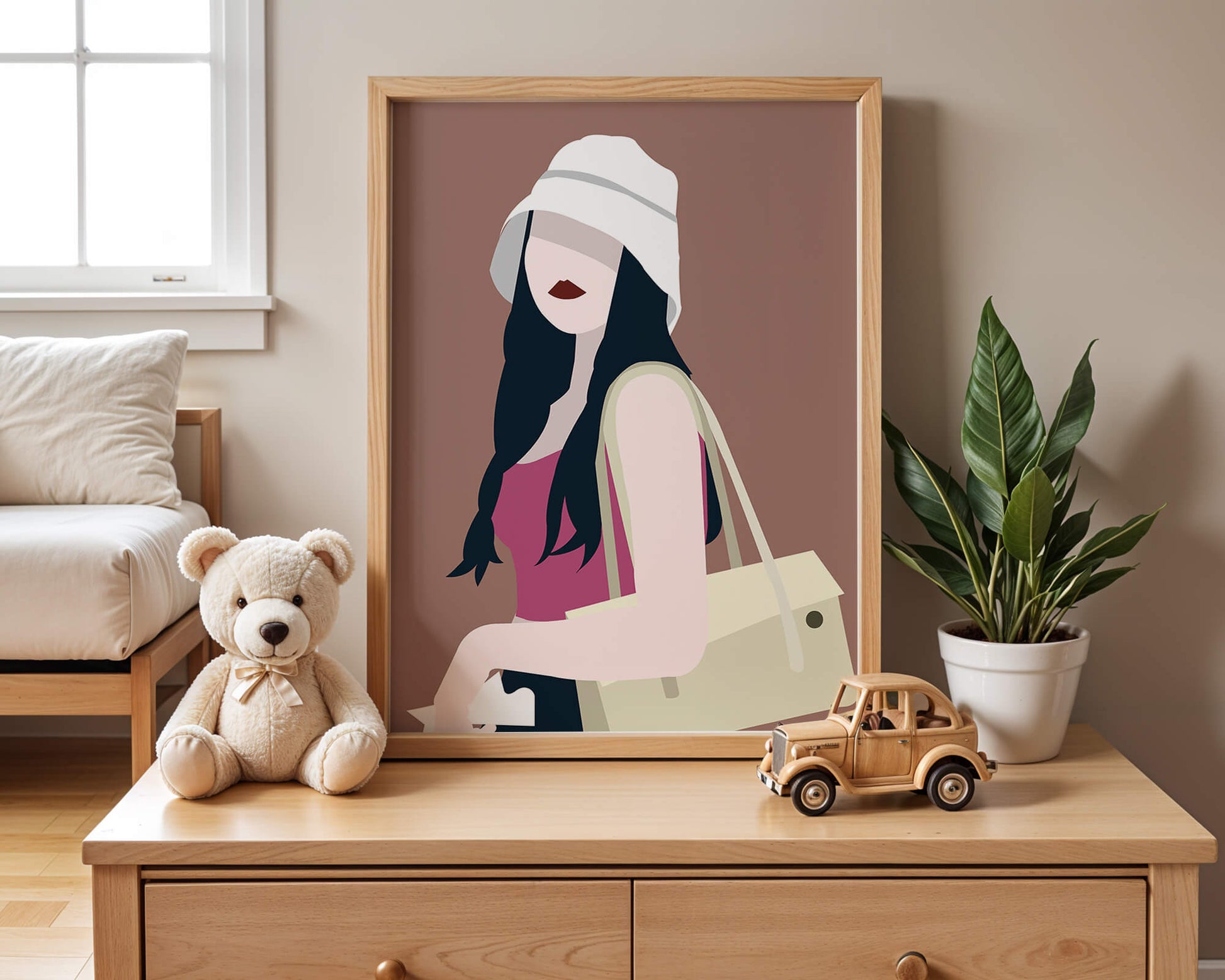 Stylish illustration of a woman in a bucket hat and casual outfit
