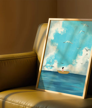 Peaceful seascape illustration with a boat and birds