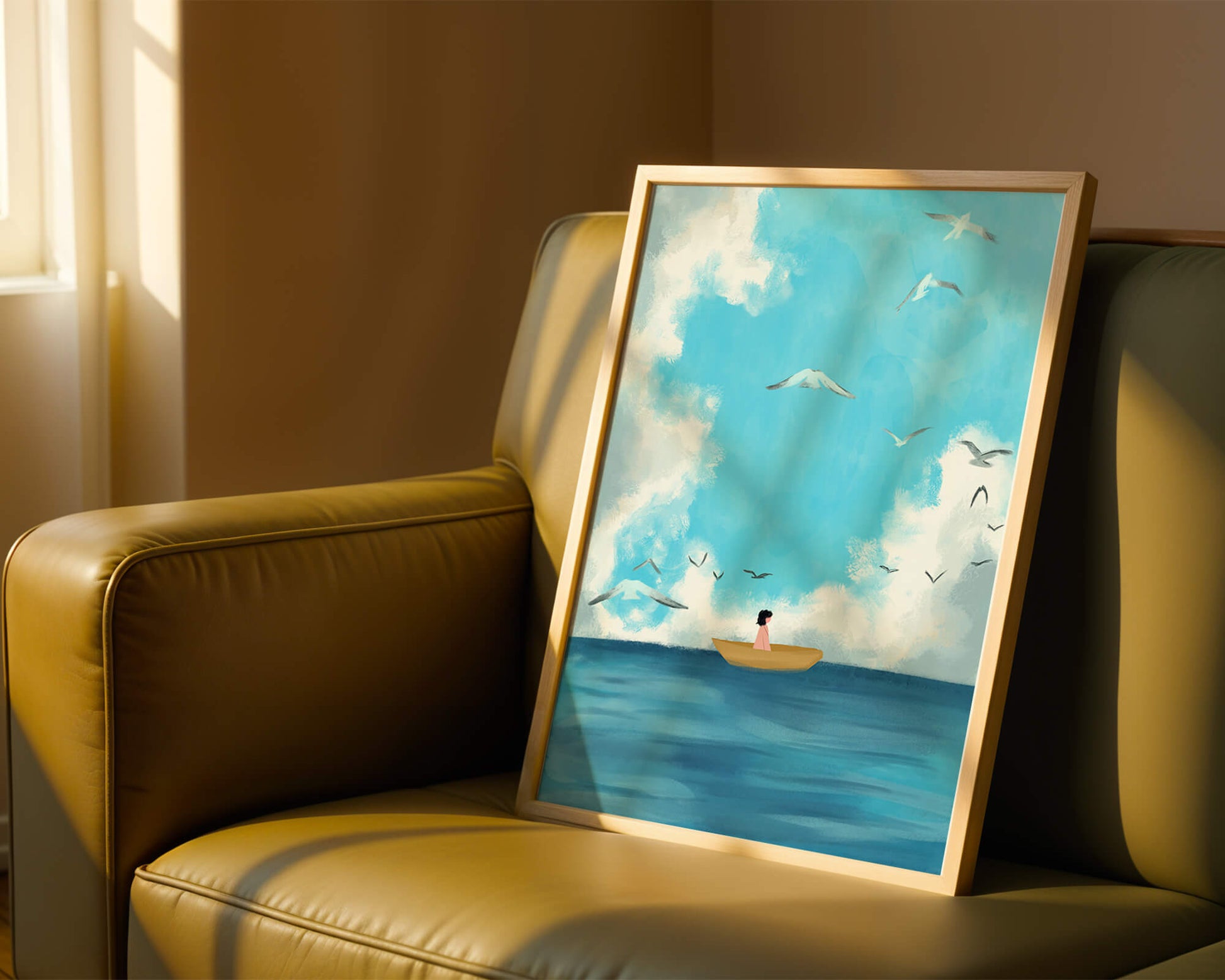 Peaceful seascape illustration with a boat and birds