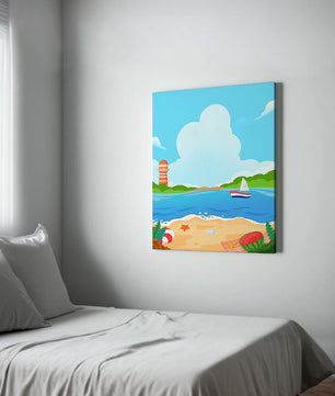 Escena costera de playa con faro y velero bajo un cielo azul claro