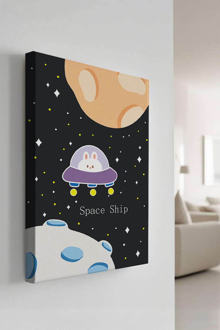 Cute bunny in spaceship with planets and stars in space illustration