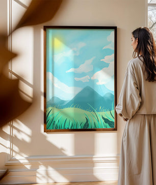 Sunny Day Overlooking a Mountain Landscape with Rolling Hills and Blue Sky