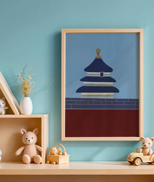 Ilustración abstracta del Templo del Cielo con detalles azules y dorados