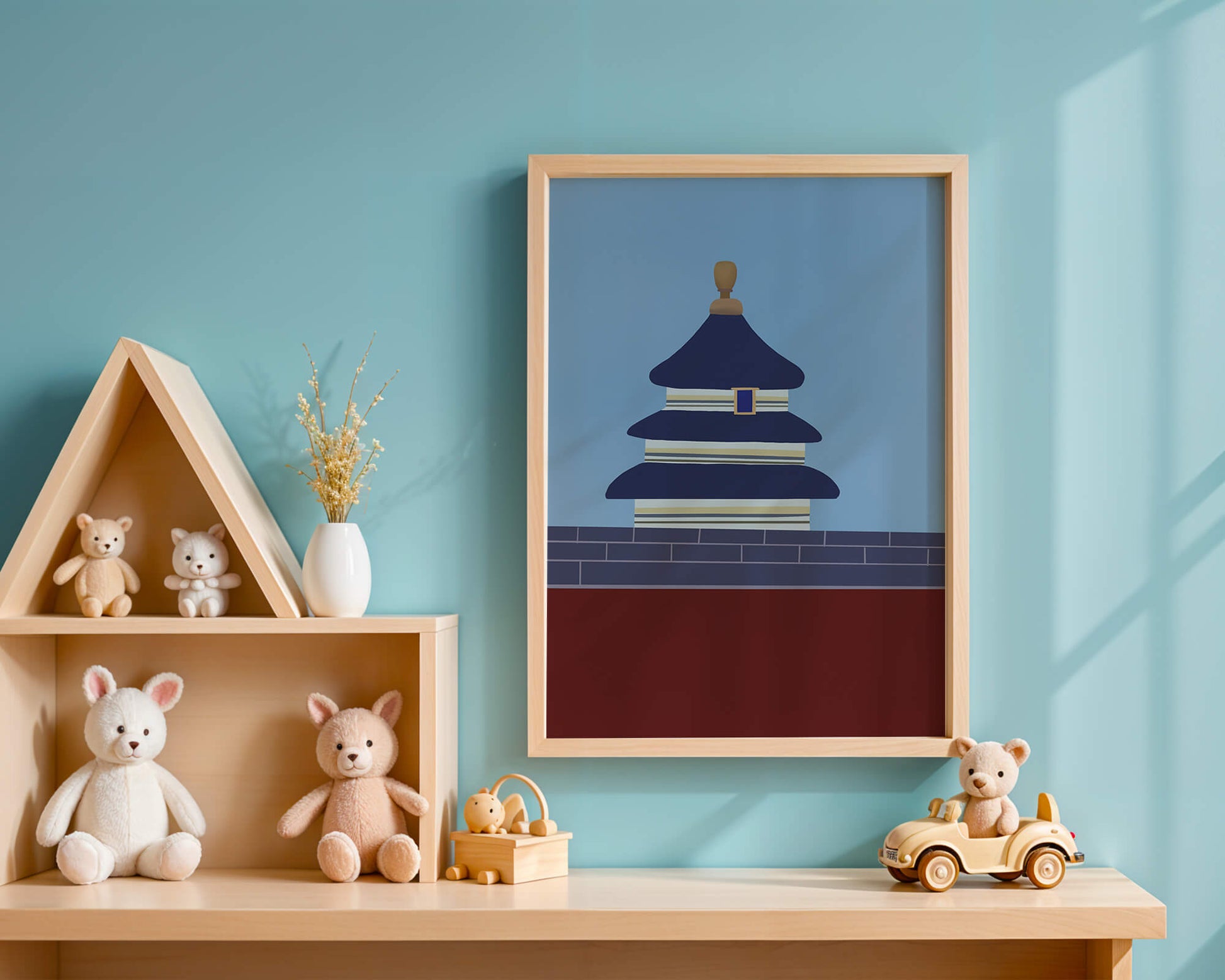 Ilustración abstracta del Templo del Cielo con detalles azules y dorados