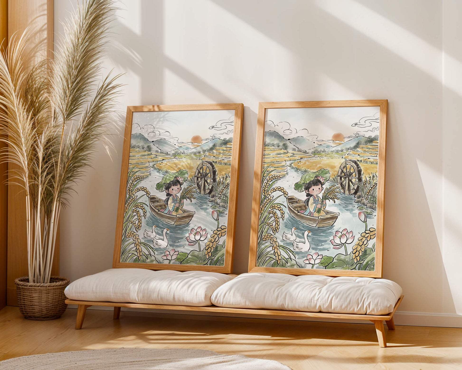 Niña en un bote con campos de arroz y atardecer de fondo