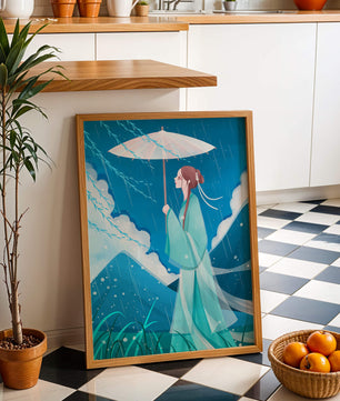 Porträt einer Frau mit Regenschirm in einer verregneten Berglandschaft