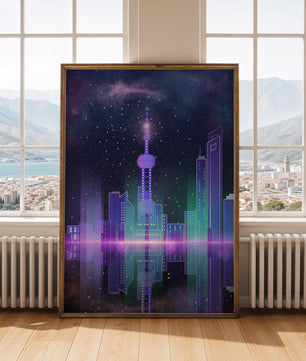 Futuristische Skyline mit leuchtenden Türmen unter sternenklarer Nacht