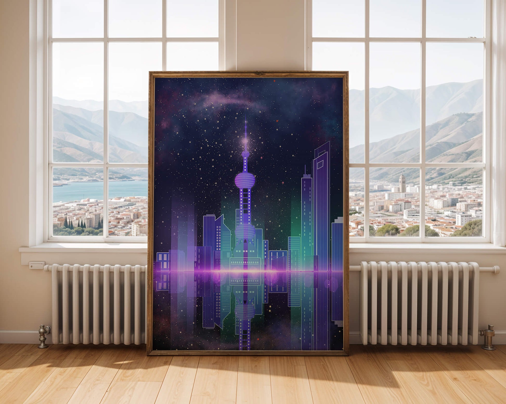 Futuristische Skyline mit leuchtenden Türmen unter sternenklarer Nacht