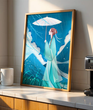 Porträt einer Frau mit Regenschirm in einer verregneten Berglandschaft