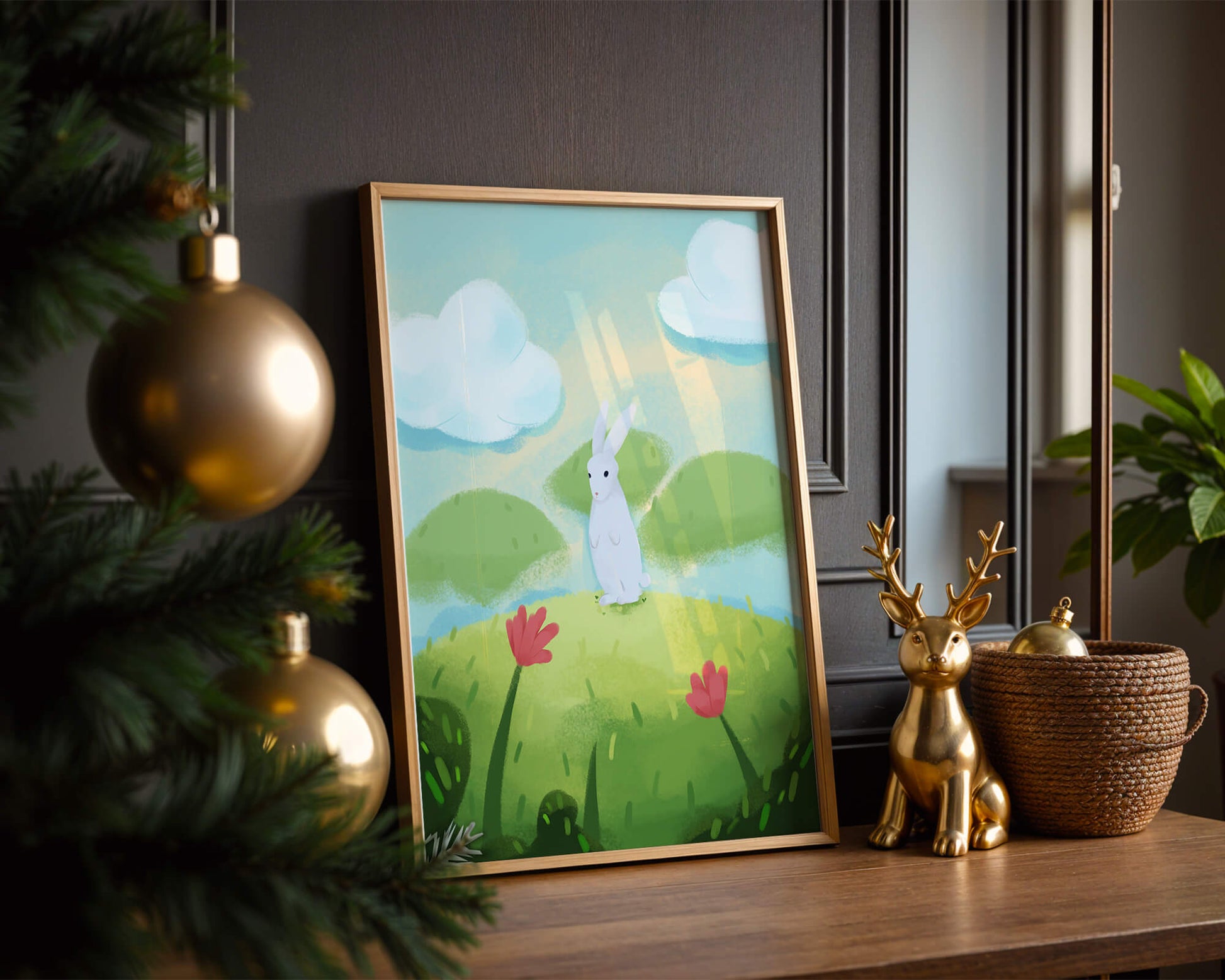 Whimsical landscape with rabbit and colorful flowers