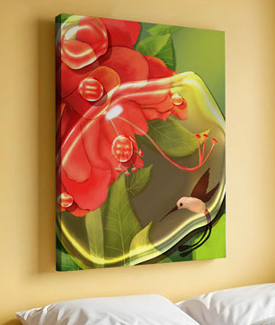 Vibrant floral illustration with hummingbird and lush greenery