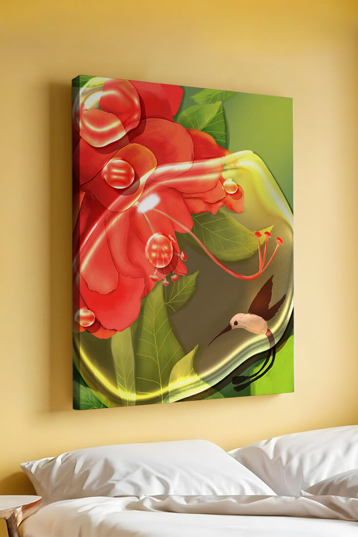 Vibrant floral illustration with hummingbird and lush greenery