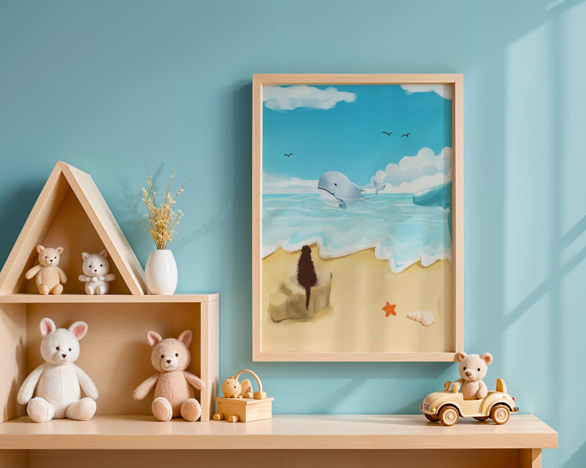 Vista al océano con ballena y elementos de playa