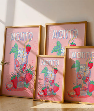 Ilustración de un mojito de fresa con fondo rosa vibrante y diseño juguetón