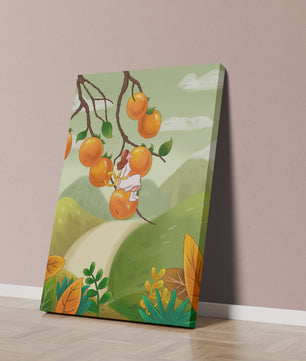 Femme assise sur un fruit orange dans un paysage surréaliste