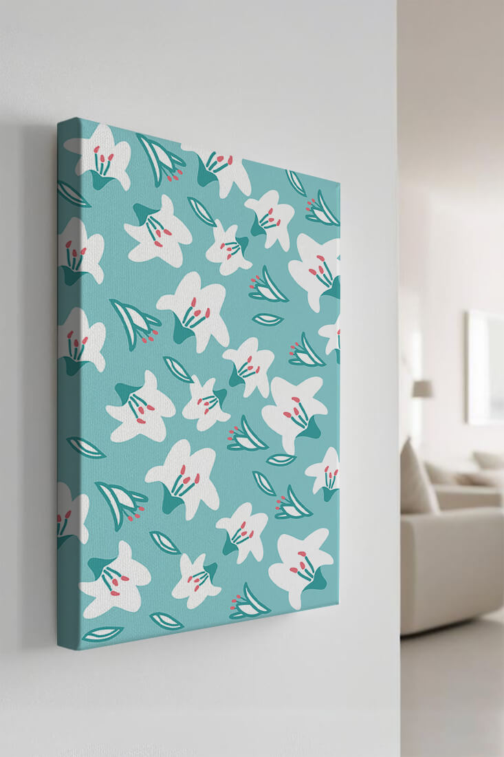 Floral pattern with white lilies on a turquoise background