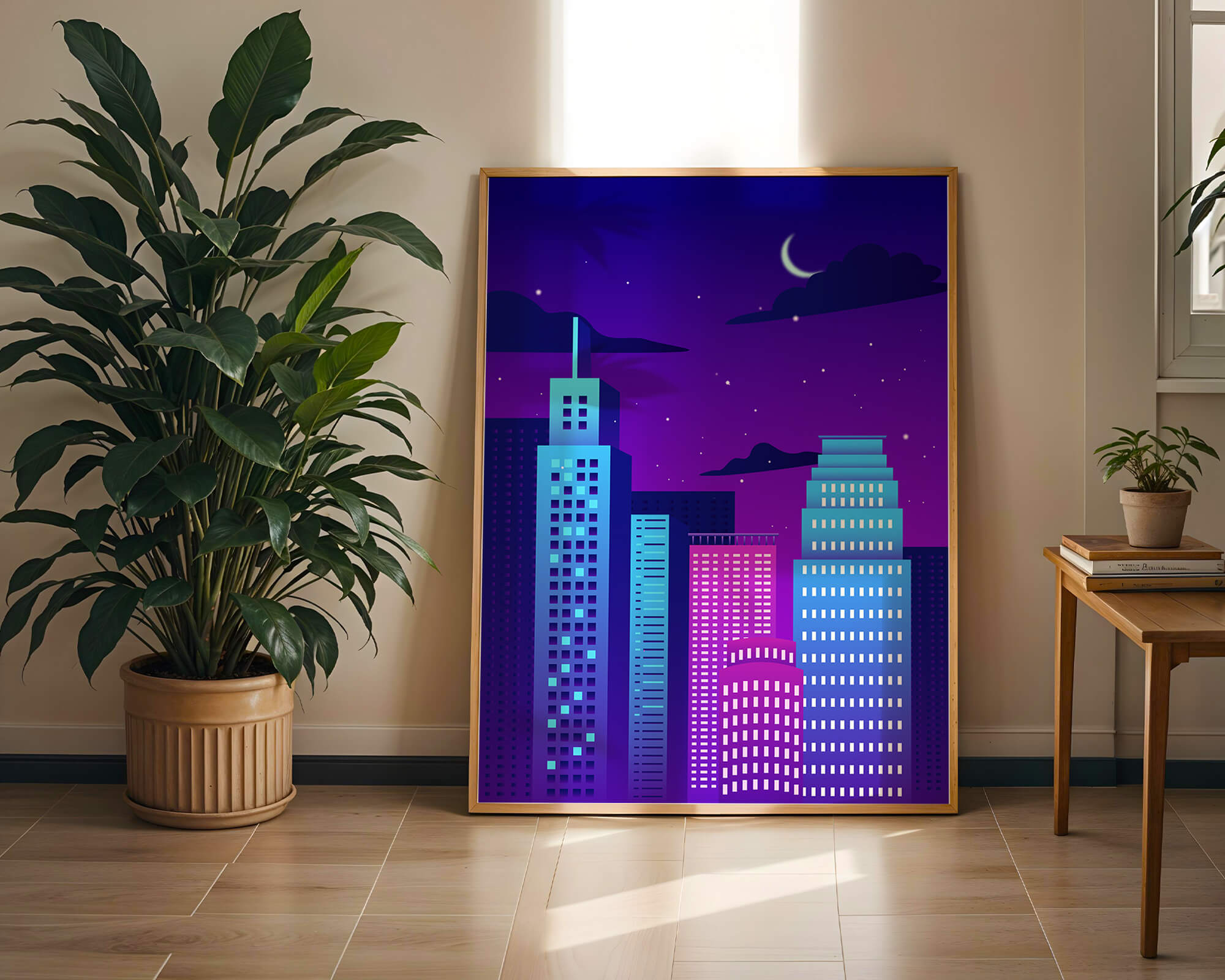 Vibrant city skyline at night with modern skyscrapers and starry sky