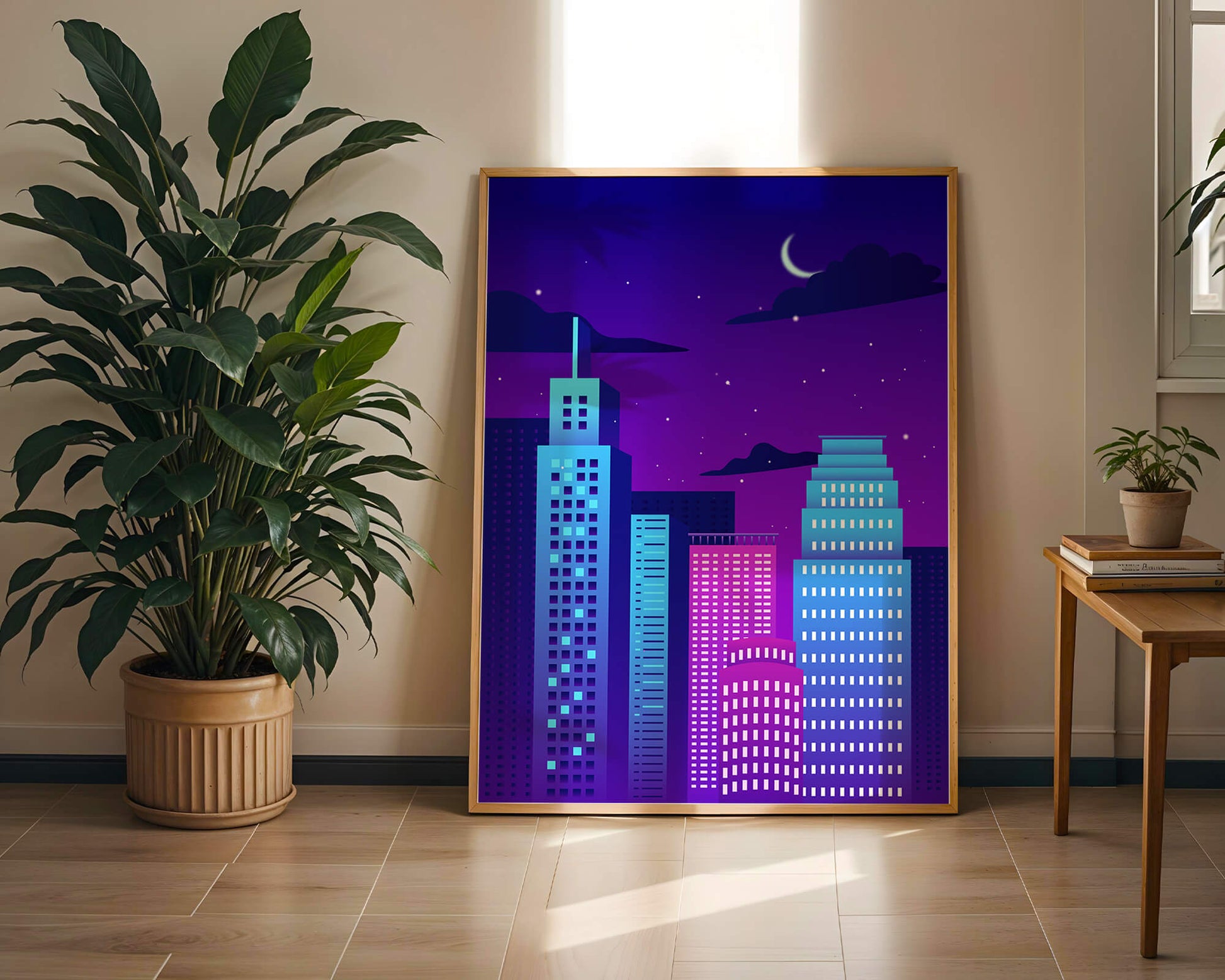 Vibrant city skyline at night with modern skyscrapers and starry sky
