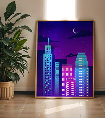 Vibrant city skyline at night with modern skyscrapers and starry sky