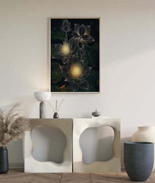 Lotus Flowers with Glowing Accents and Koi Fish Underwater