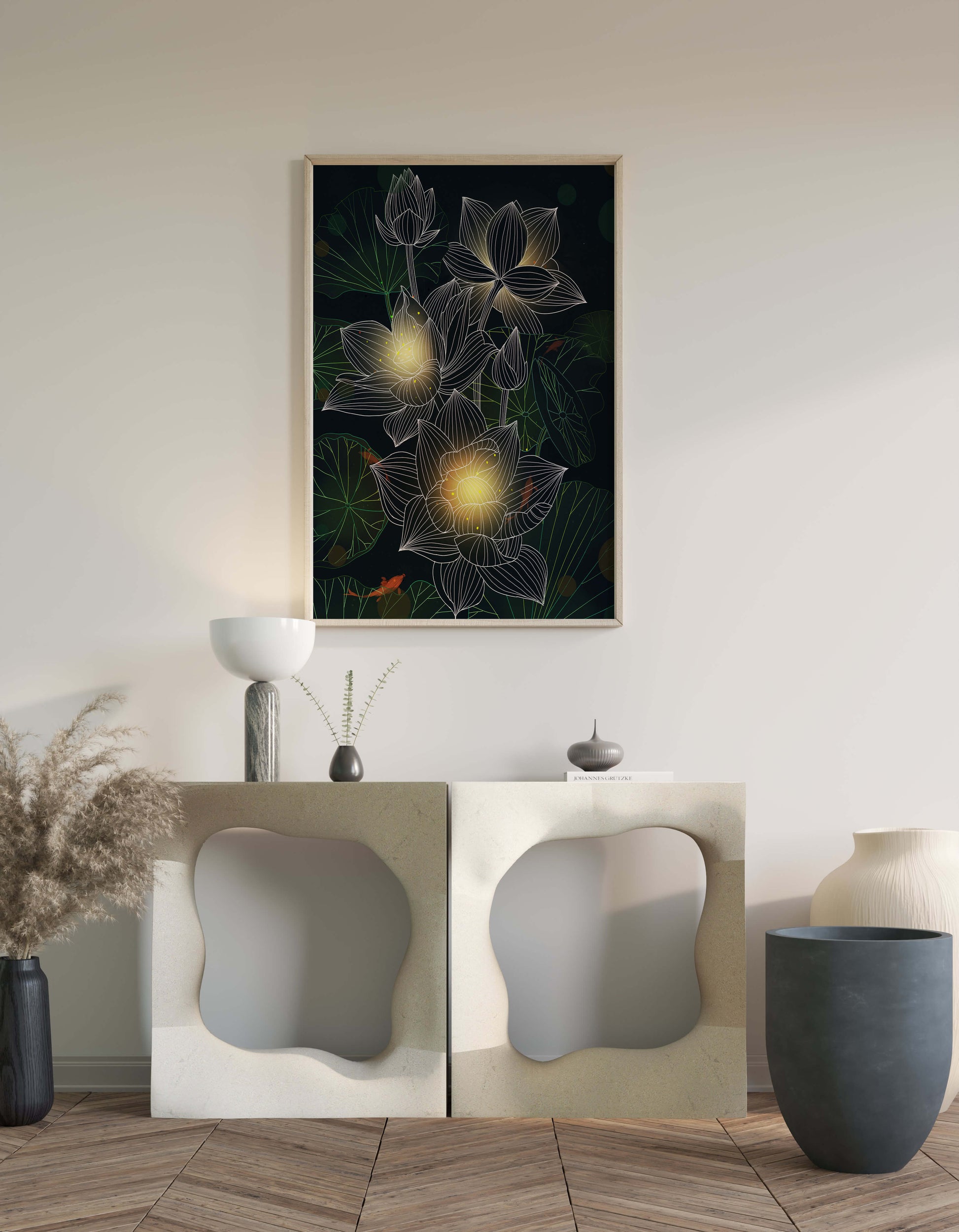 Flores de loto con detalles luminosos y peces koi bajo el agua