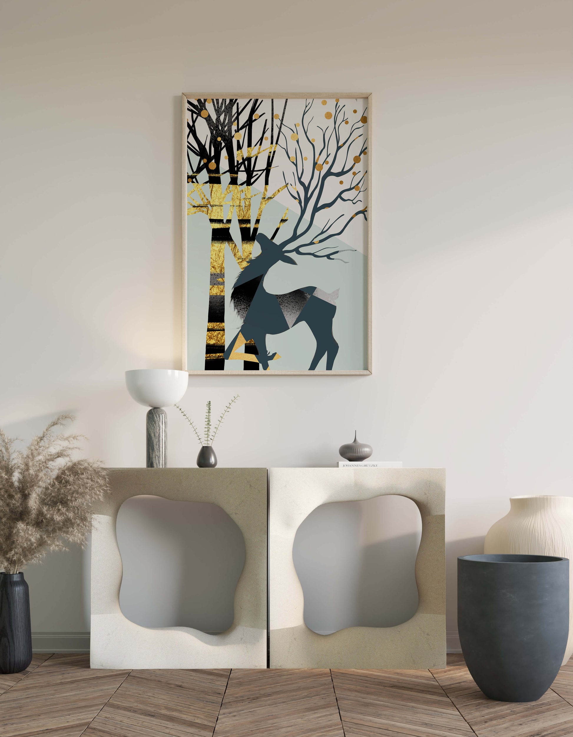 Abstract Deer Silhouette with Golden Accents and Trees