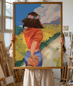 Woman in Nature with Floral Headband and Holding Hands on a Sunny Day