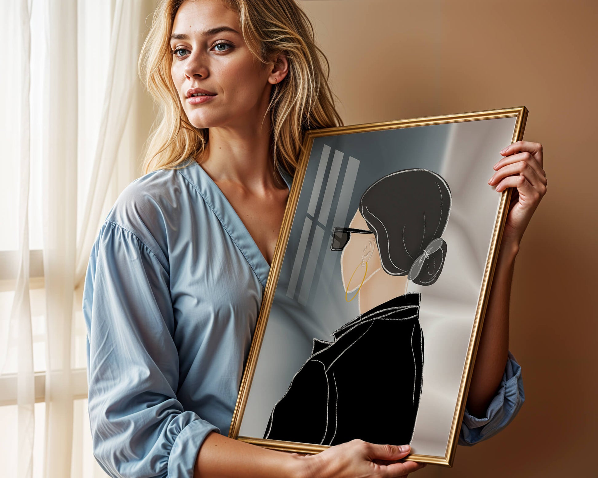 Modern woman with sunglasses and gold hoop earrings