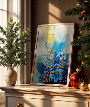 Floral illustration with blue leaves and golden accents on abstract background