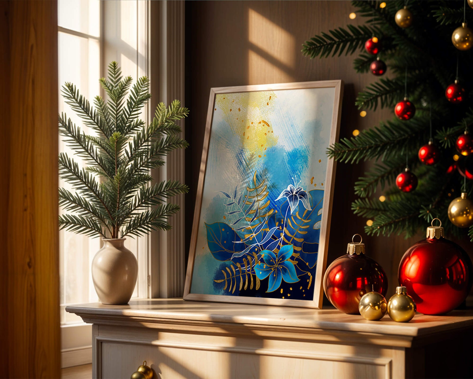 Floral illustration with blue leaves and golden accents on abstract background