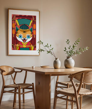 Tigre de dibujos animados colorido con linternas y elementos tradicionales