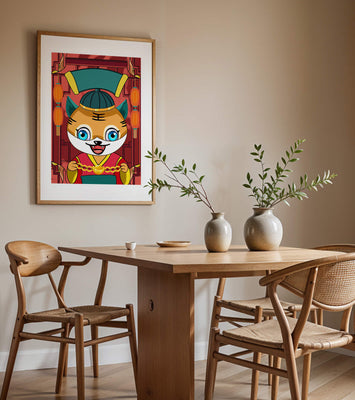 Colorful cartoon tiger with lanterns and traditional elements