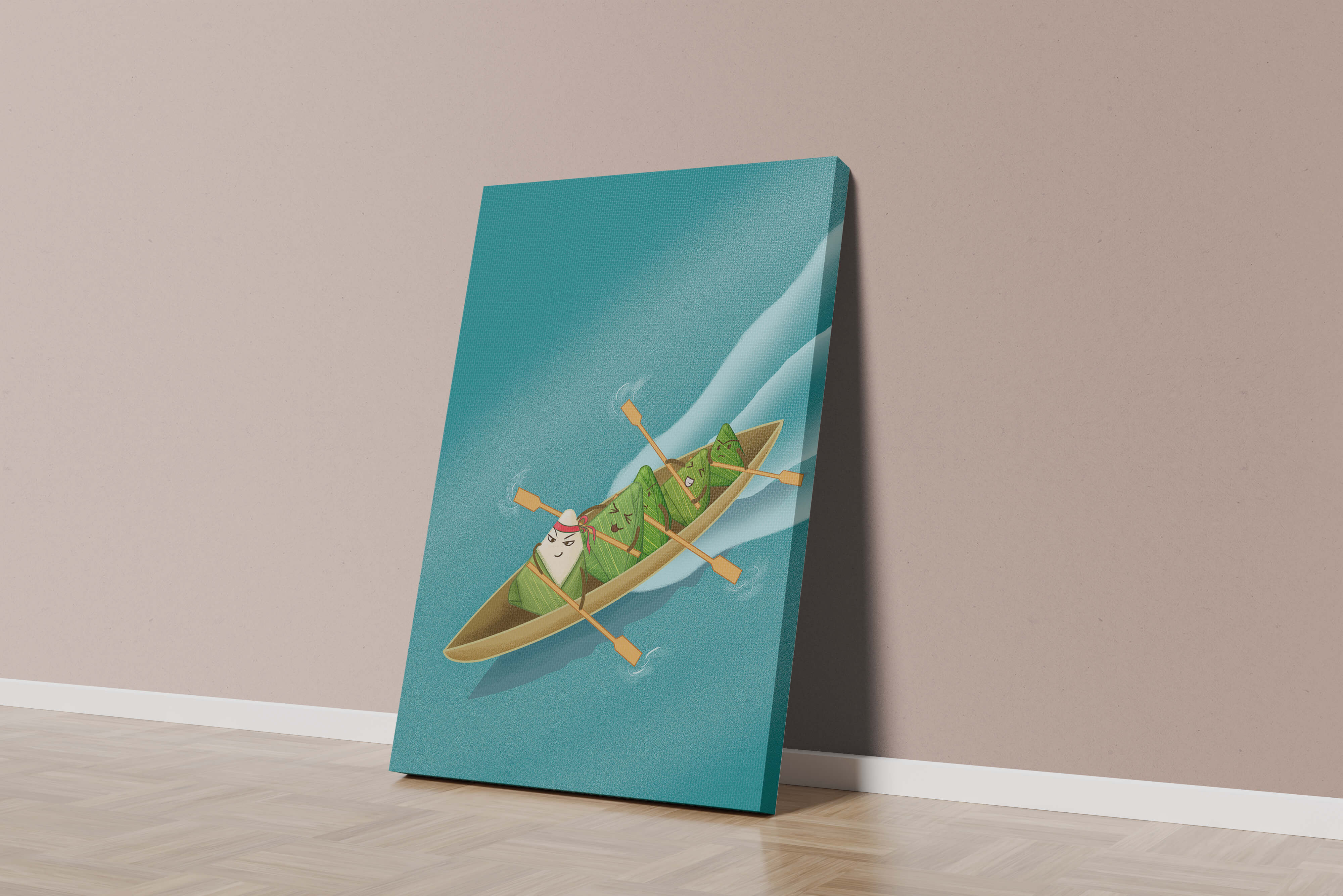 Charming illustration of rice dumplings rowing a boat with expressions