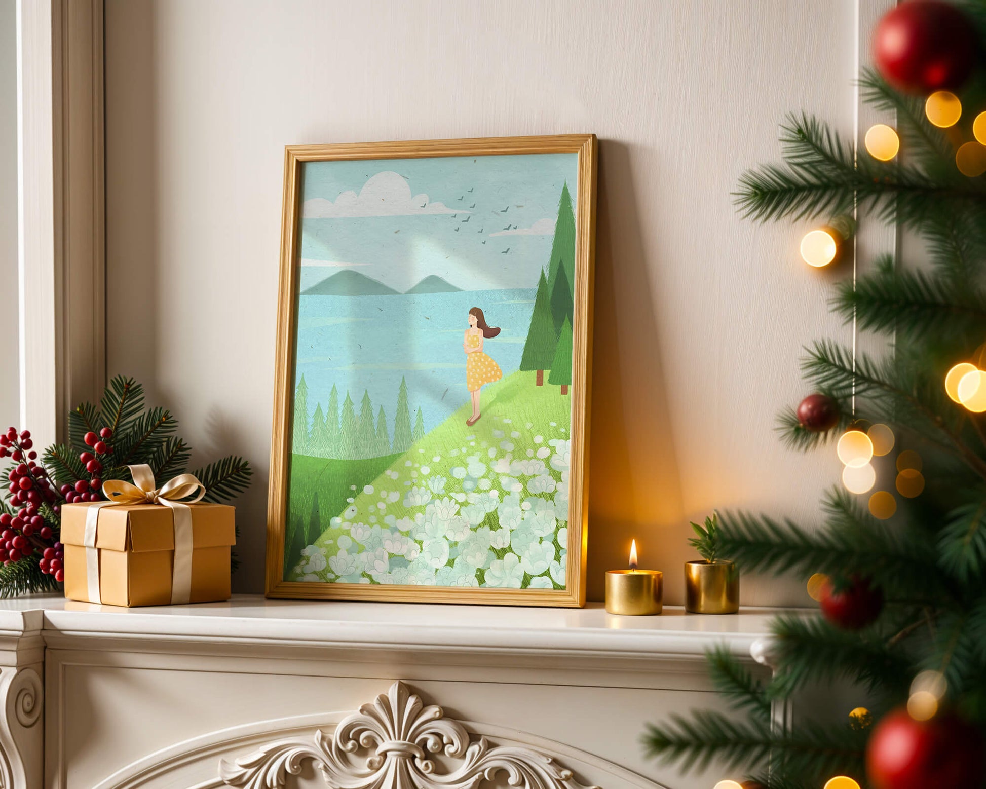 Mujer en vestido amarillo en la ladera con flores y árboles